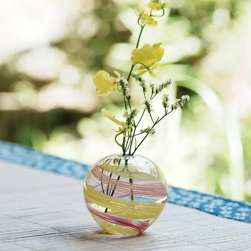 Aderia Pink & Yellow Glass Temari Ball Small Flower Vase 65mm - Image 3