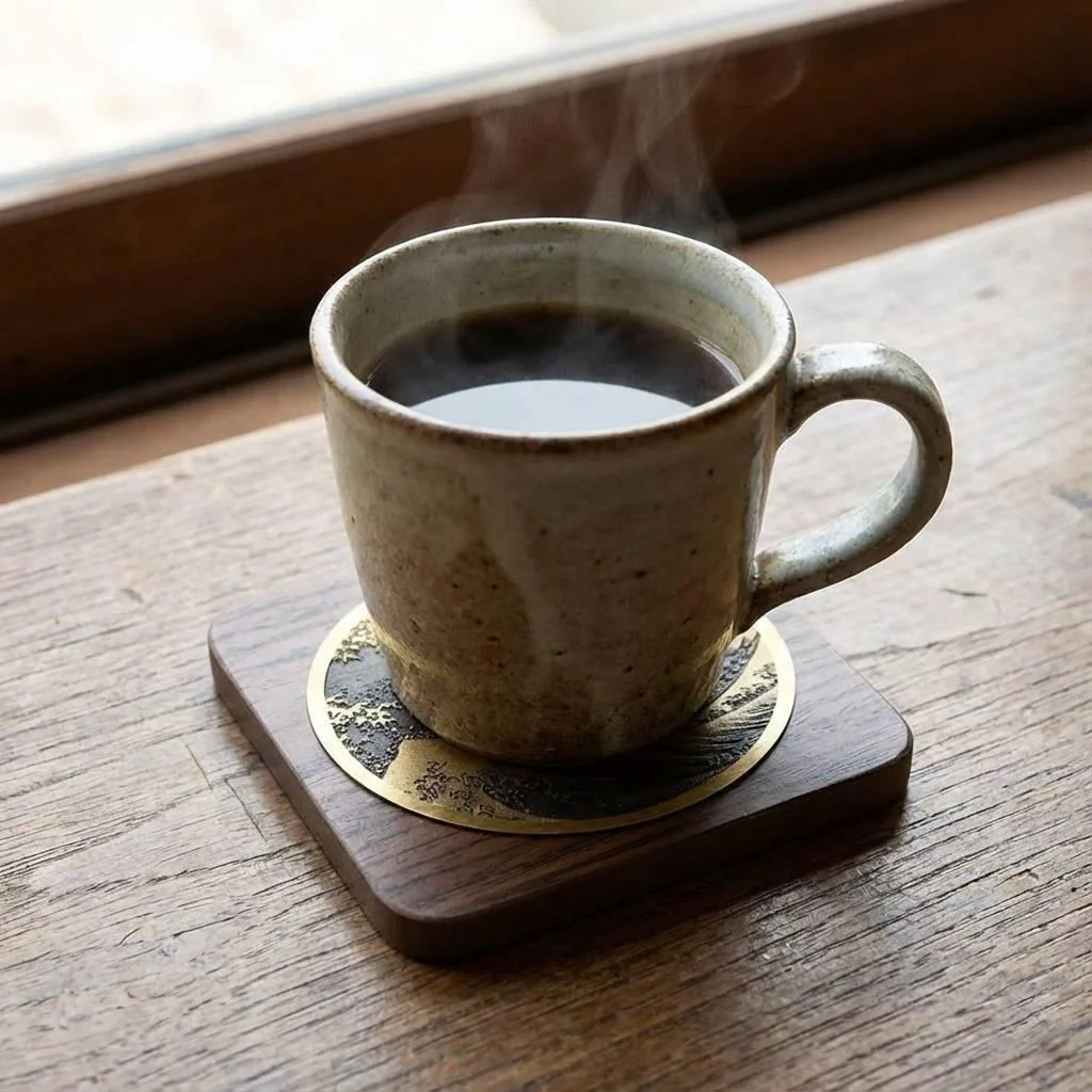Brass Wood Coaster Ukiyo-e Great Wave off Kanagawa Design - Image 2