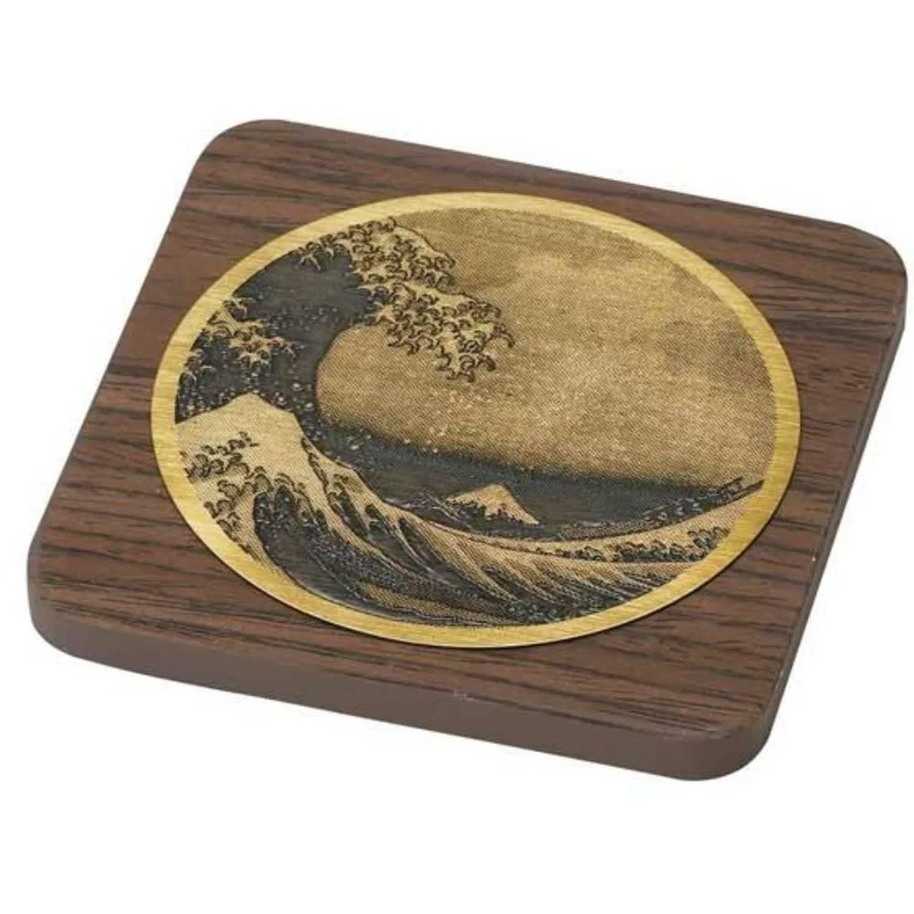 Brass Wood Coaster Ukiyo-e Great Wave off Kanagawa Design - Image 3