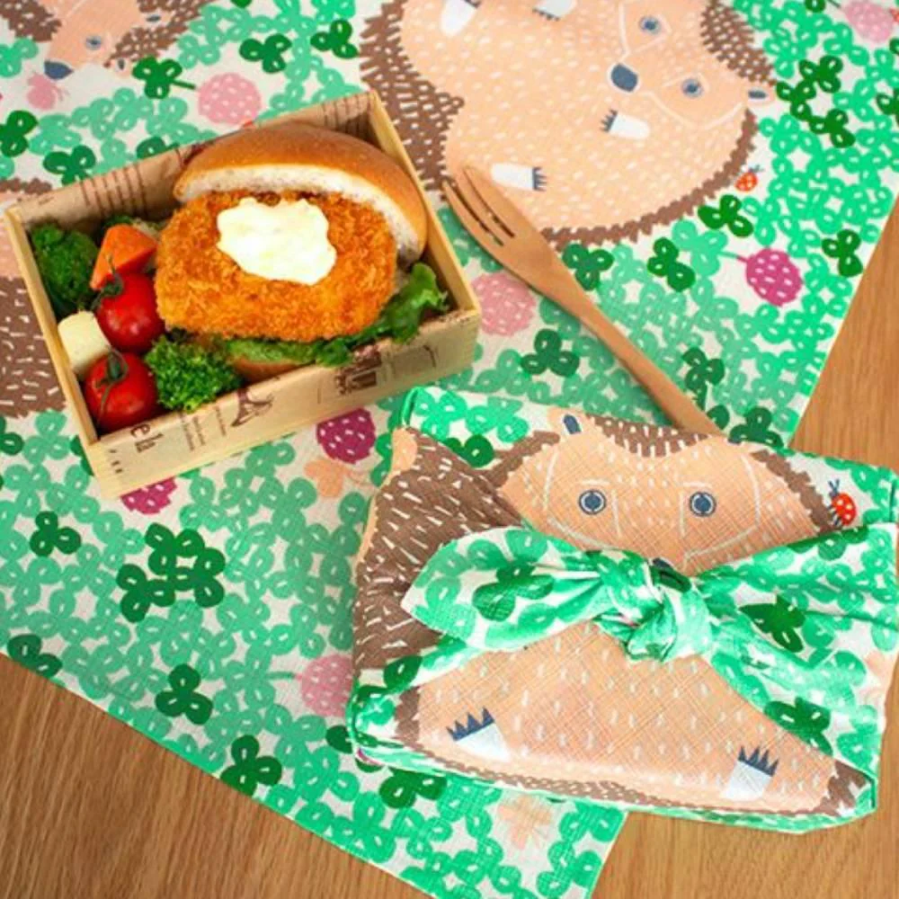 Furoshiki Hedgehog Design Green Cotton Wrapping Cloth Book Cover 50cm - Image 2