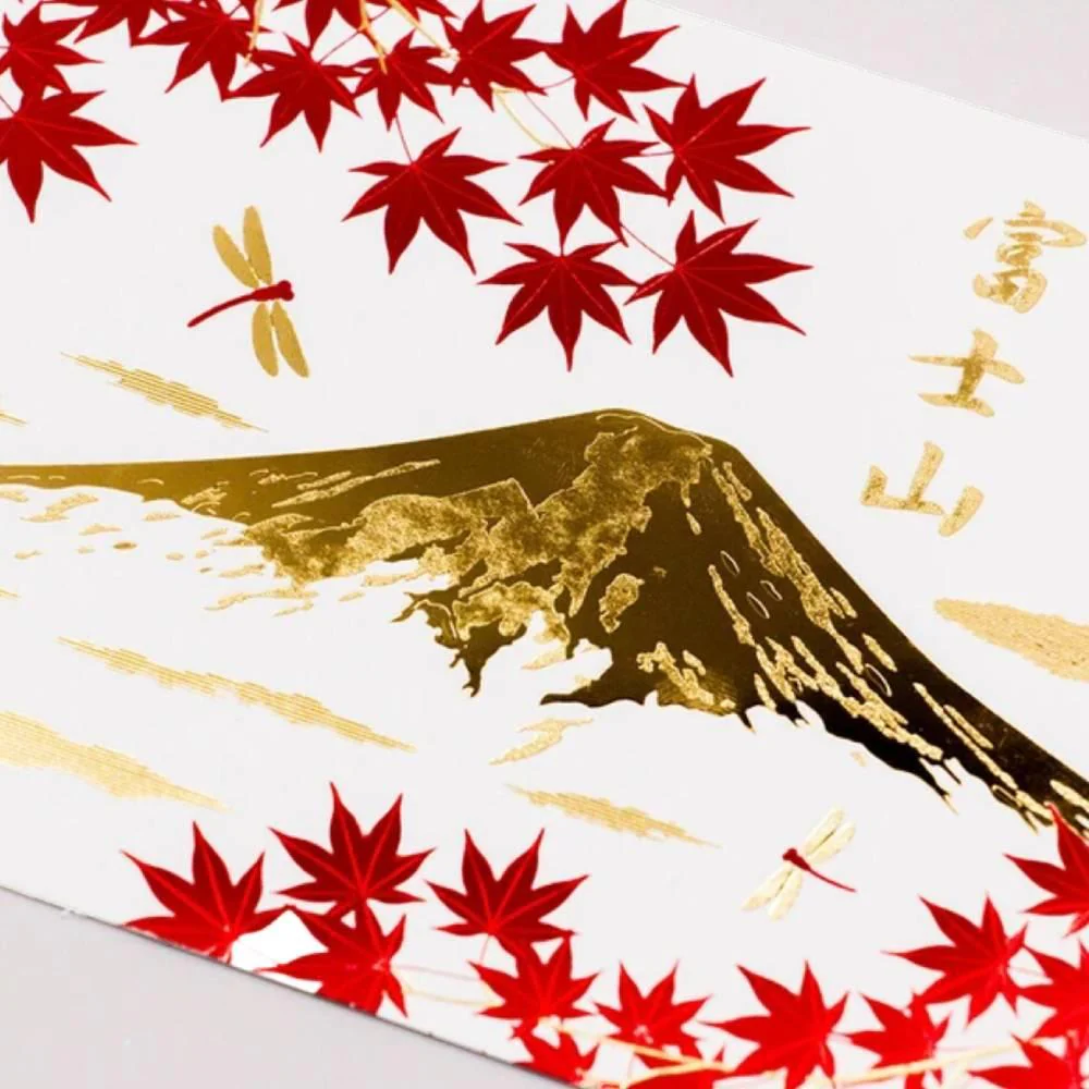 Gold Foil Stamped Postcard Mount Fuji in Autumn Fall Folliage - Image 2