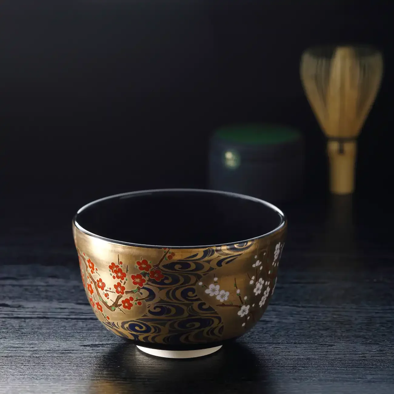 Handmade Chawan Gold Plum Blossom Design Unique Matcha Tea Cup Bowl - Image 2