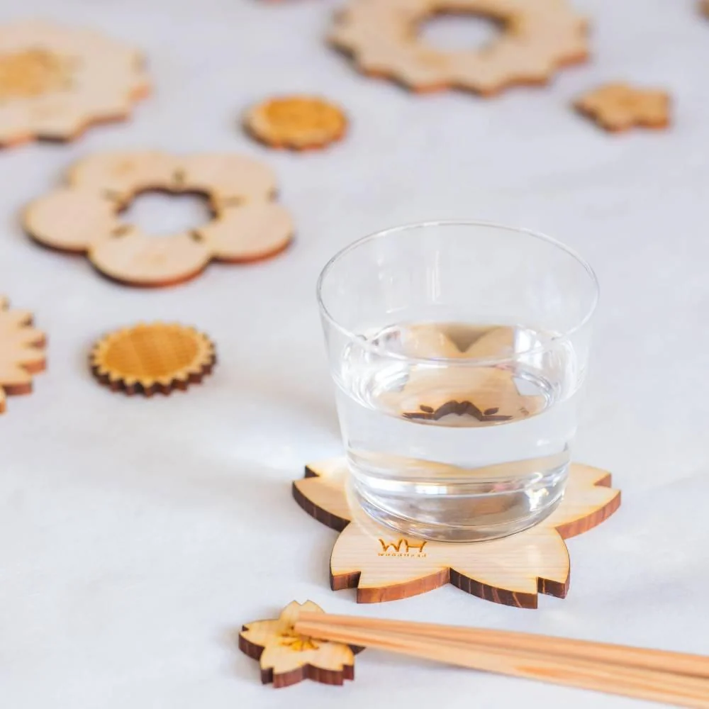 Hinoki Cypress Coaster Natural Wood Plum Blossom Flower Design 90mm - Image 2