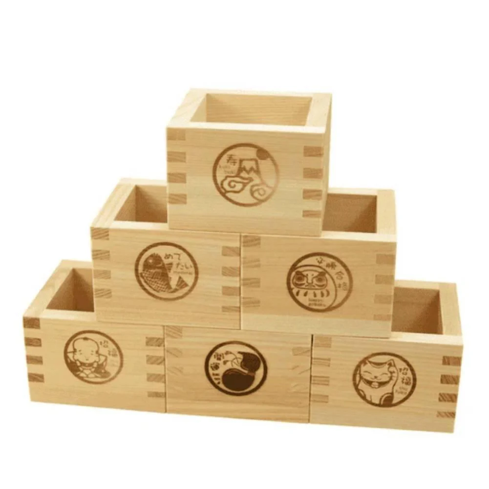 Hinoki Masu Japanese Cypress Wooden Sake Cup Lucky Character Design - Image 3