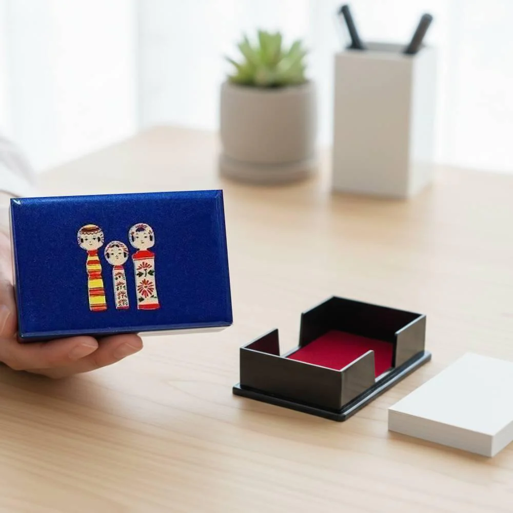 Indigo Blue Lacquered Card Holder Case Kokeshi Wooden Dolls Design - Image 2