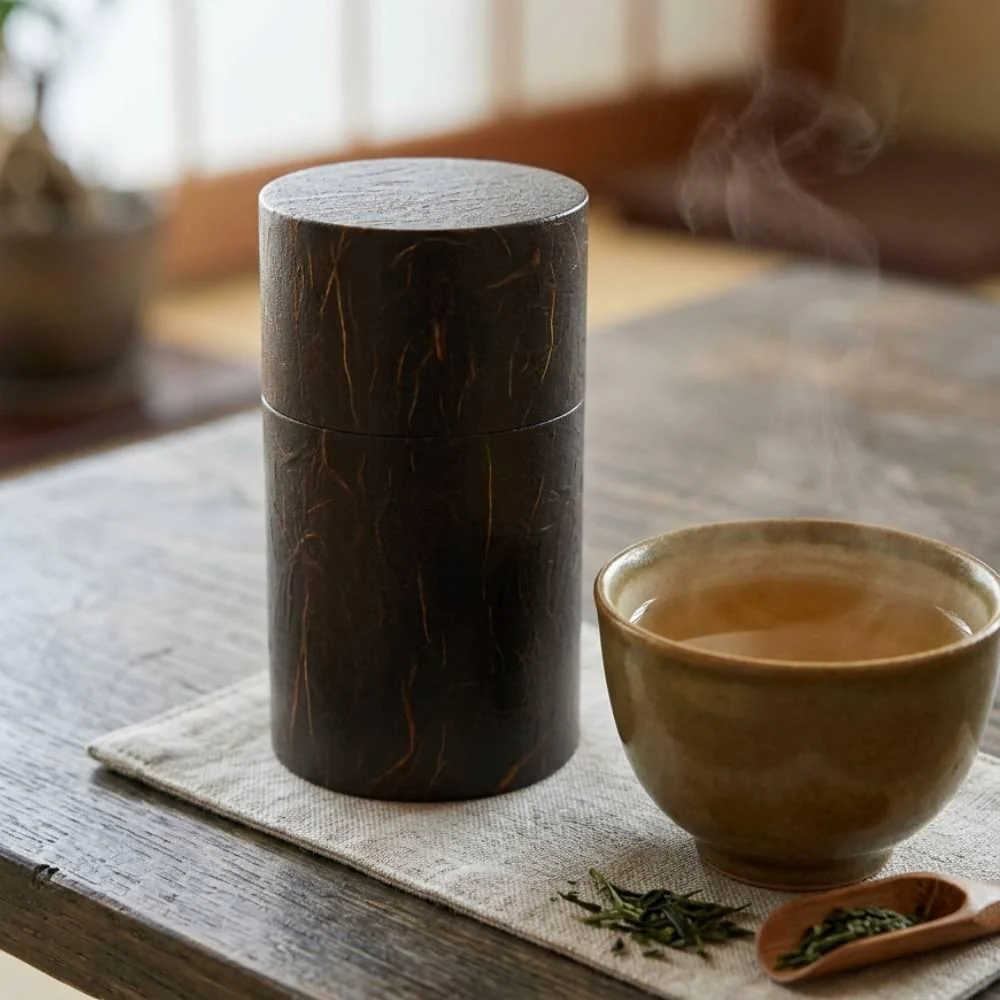 Isuke Wooden Tea Caddy Lacquered Washi Paper Canister - Image 3
