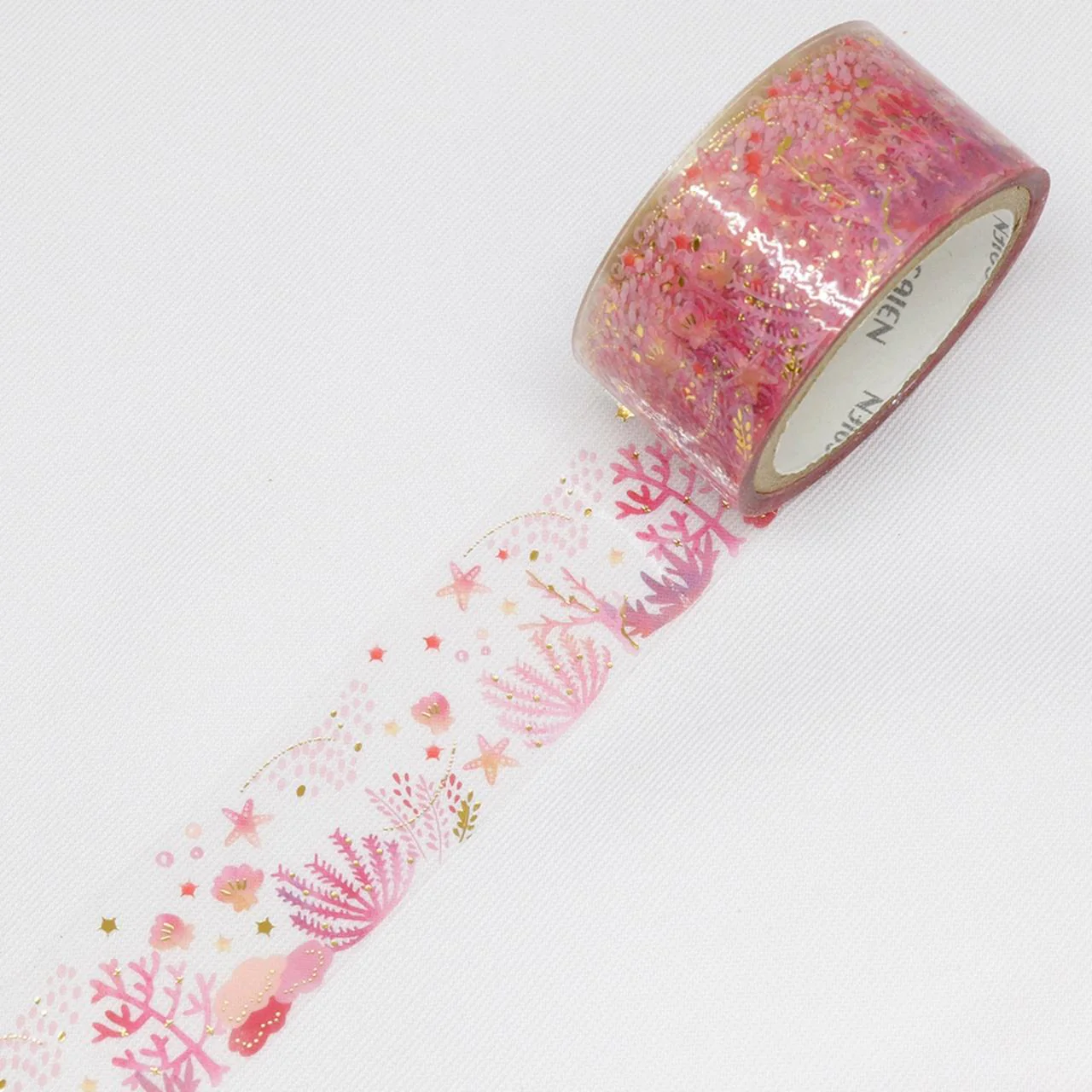 Kamiiso Saien Washi Tape Pink Coral Pattern With Gold Clear Tape 20mm - Image 3
