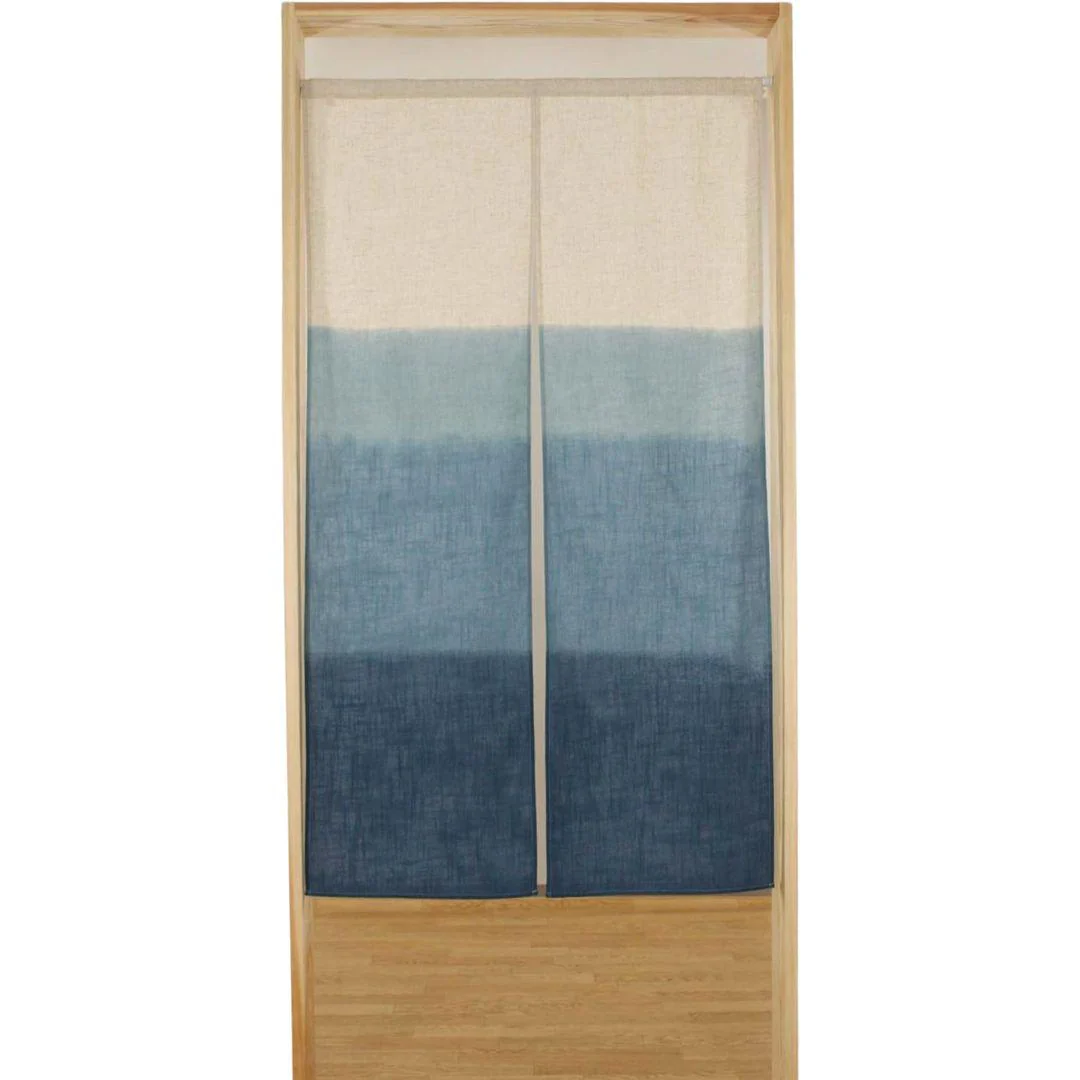 Noren Hand Printed Blue Indigo Shading Pattern Door Linen Curtain - Image 2