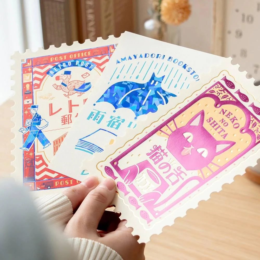 Retro Postage Stamp Shaped Postcard Foil Cat Cafe Design - Image 5