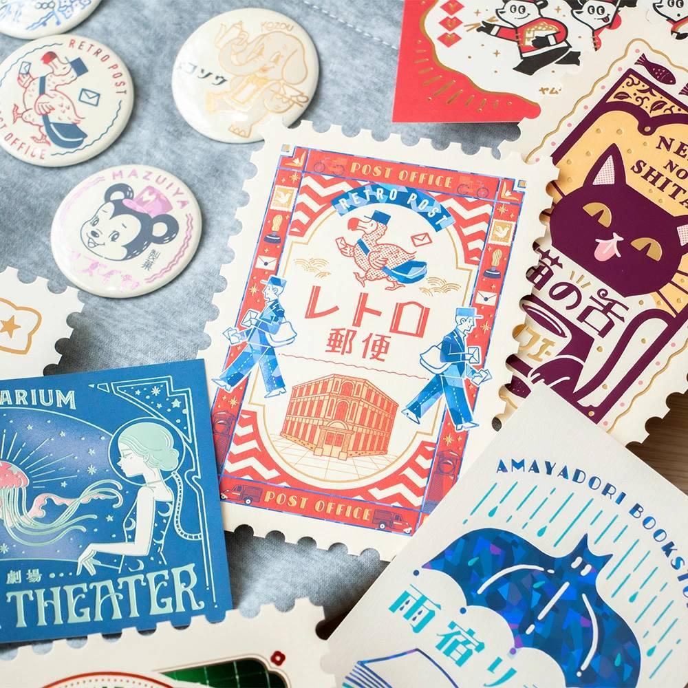 Retro Postage Stamp Shaped Postcard Foil Cat Cafe Design - Image 6