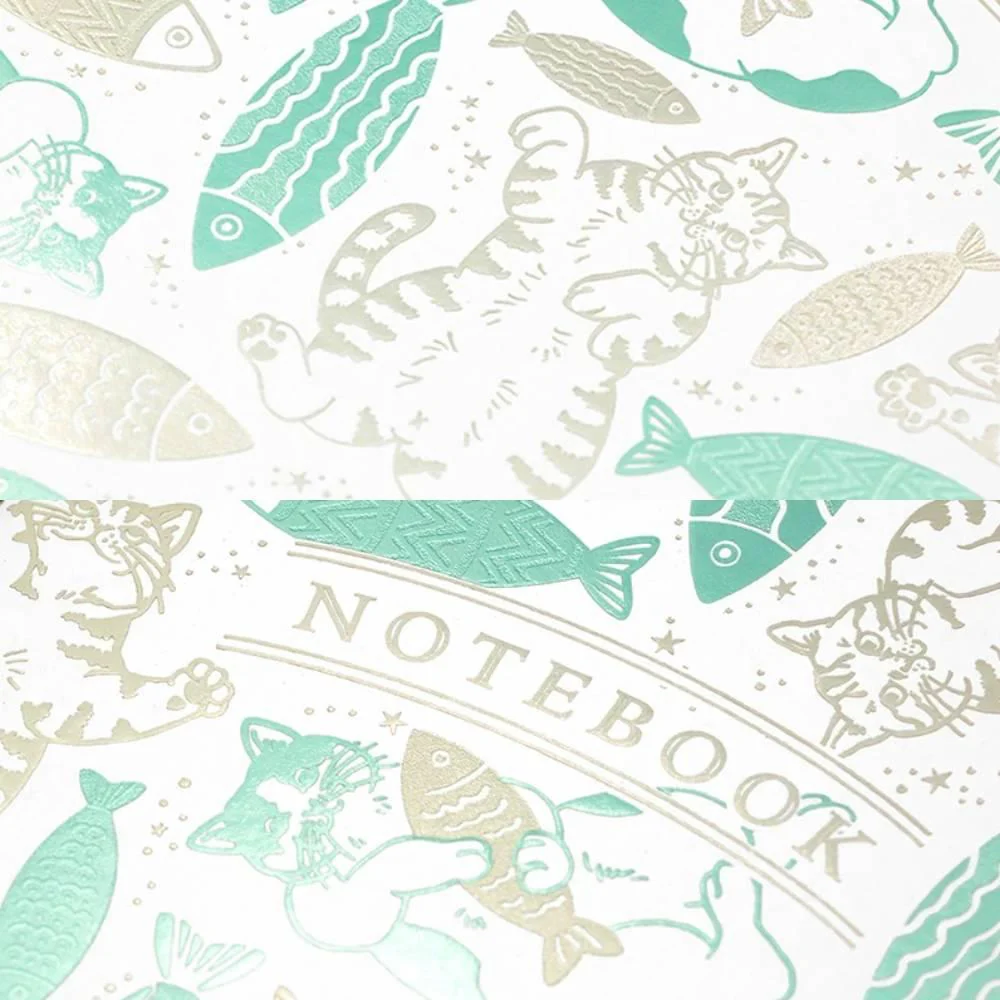 Rokkaku B6 Grid Notebook Foil Stamped Cute Cat & Fish Design - Image 2