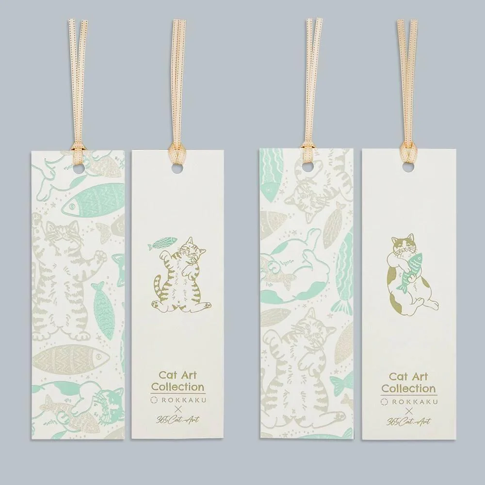 Rokkaku Bookmark Foil Stamped Cute Cat & Fish Design - Image 2