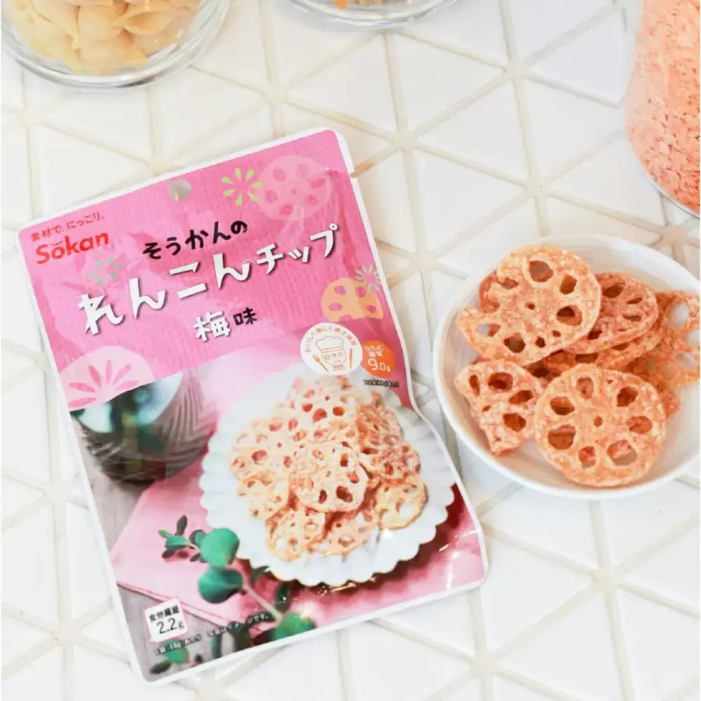 Sokan Ume Renkon Chips Japanese Plum Flavored Lotus Root Chips 18g (Pack of 6) - Image 4