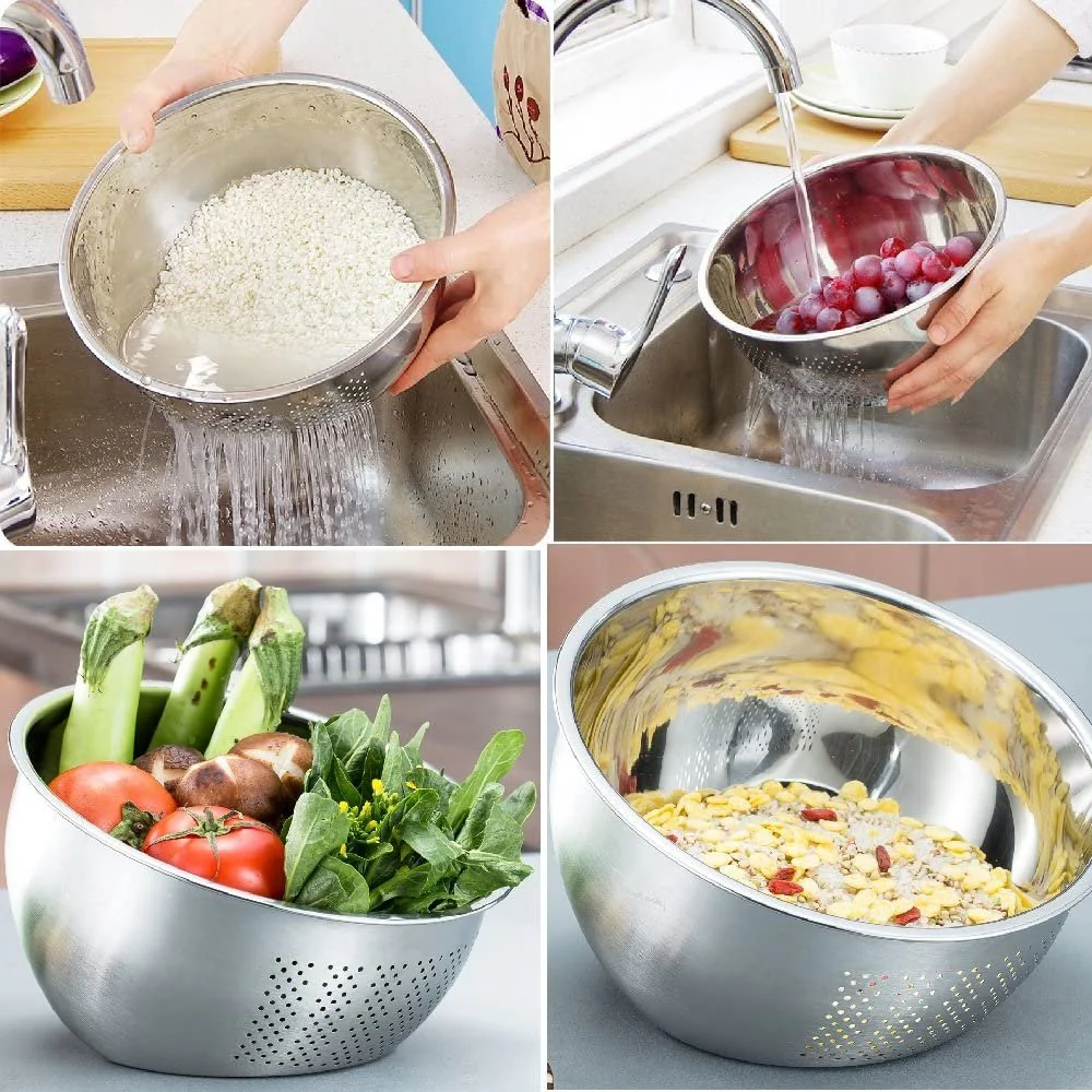 Maruefu Stainless Steel 3-Way Rice Washing Bowl With Strainer - Image 6