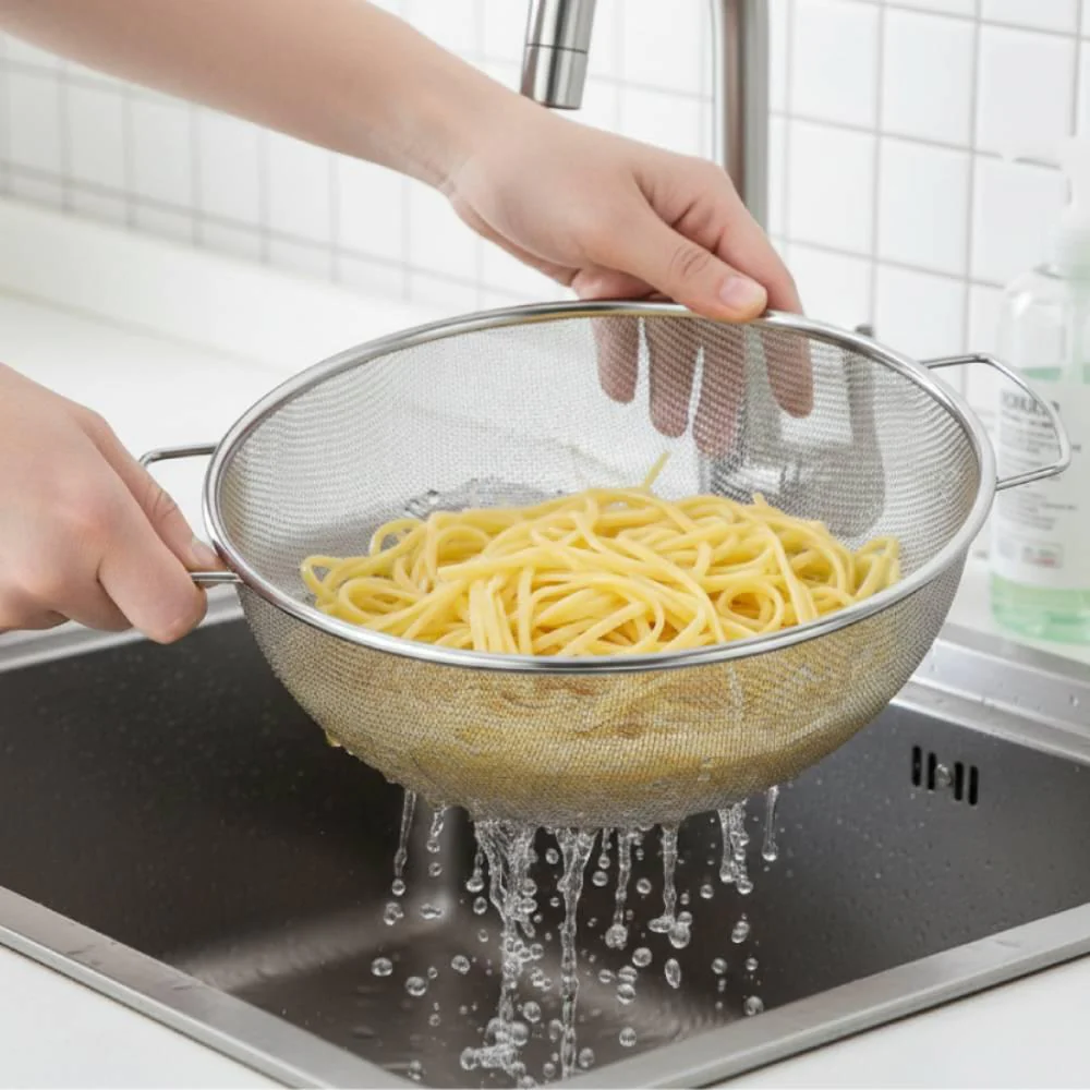 Minex Two-Handle Stainless Steel Fine Mesh Colander With Legs - Image 2