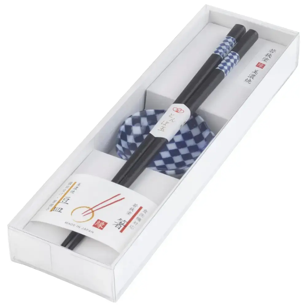 Wakasa Laquered Chopsticks With Mino Ware Small Dish Checkered Blue 23cm - Image 4