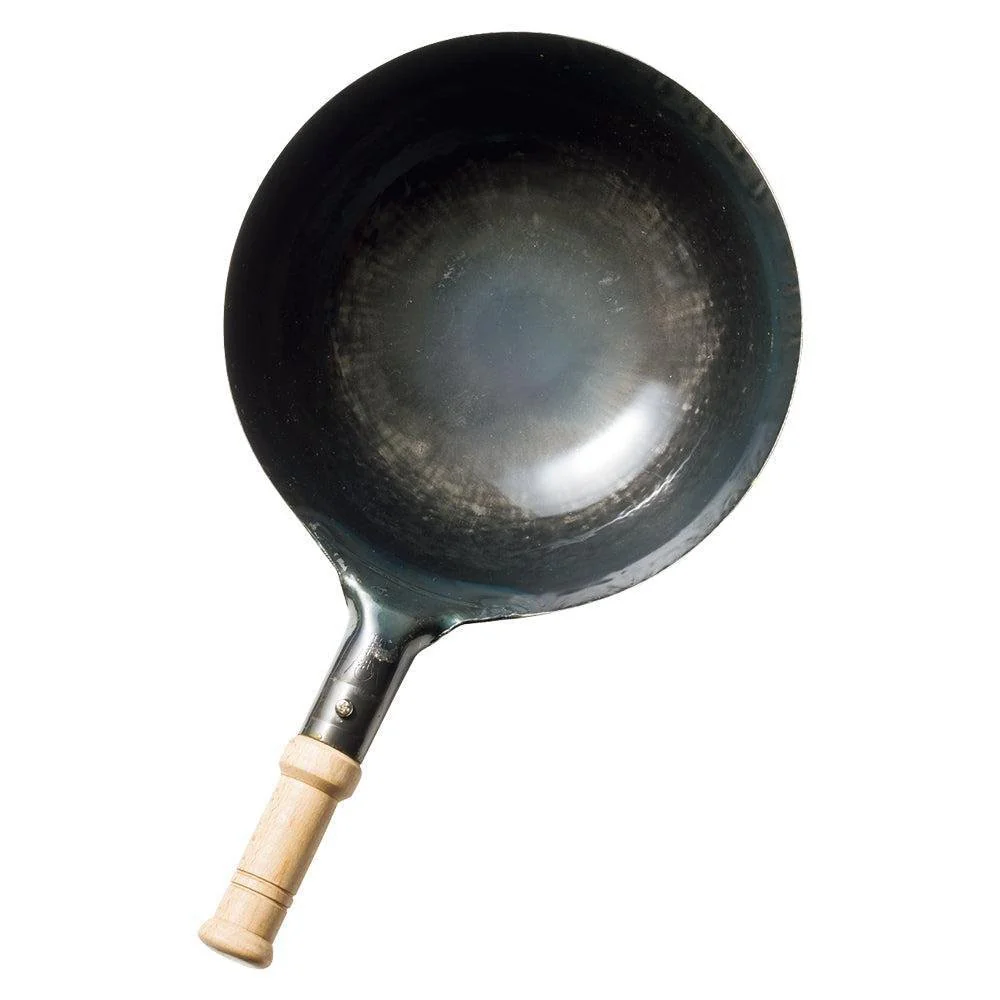 Yamada Kogyo Round Bottom Iron Wok with Wooden Handle (1.2mm) - Image 2