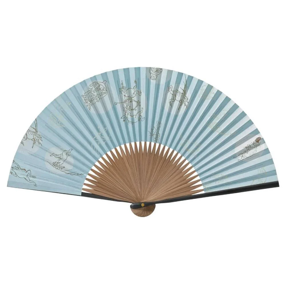 Yamani Frog & Rabbit Design Blue Sensu Handheld Folding Fan 21.5cm